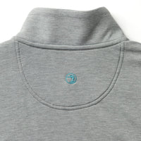 Light grey striped quarter-zip pullover with collar detail, back view close-up