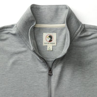 Light grey striped quarter-zip pullover with ribbed texture, collar detail shown