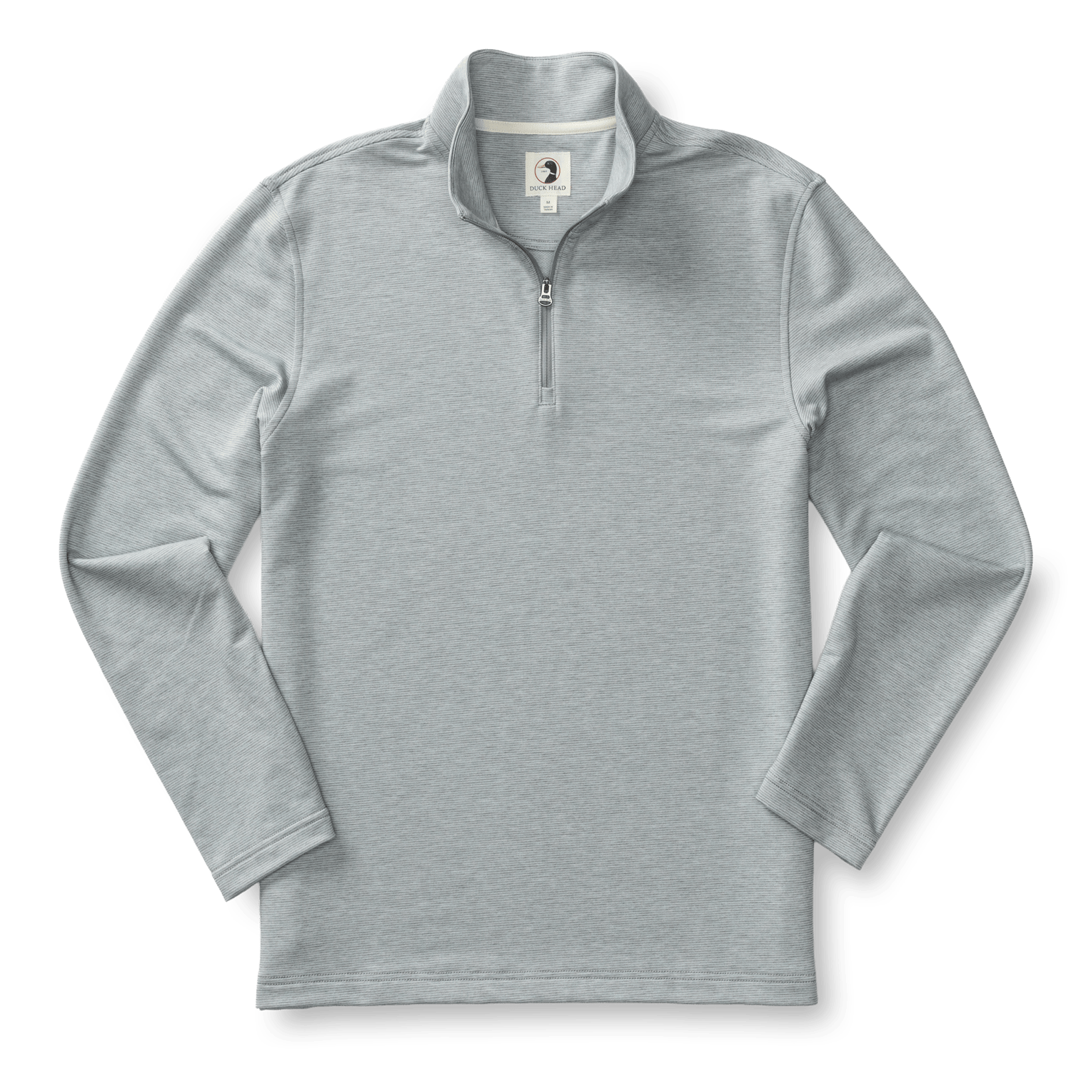 Light grey striped quarter-zip pullover with long sleeves displayed on white background
