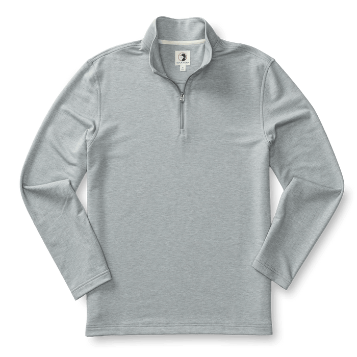 Light grey striped quarter-zip pullover with long sleeves displayed on white background