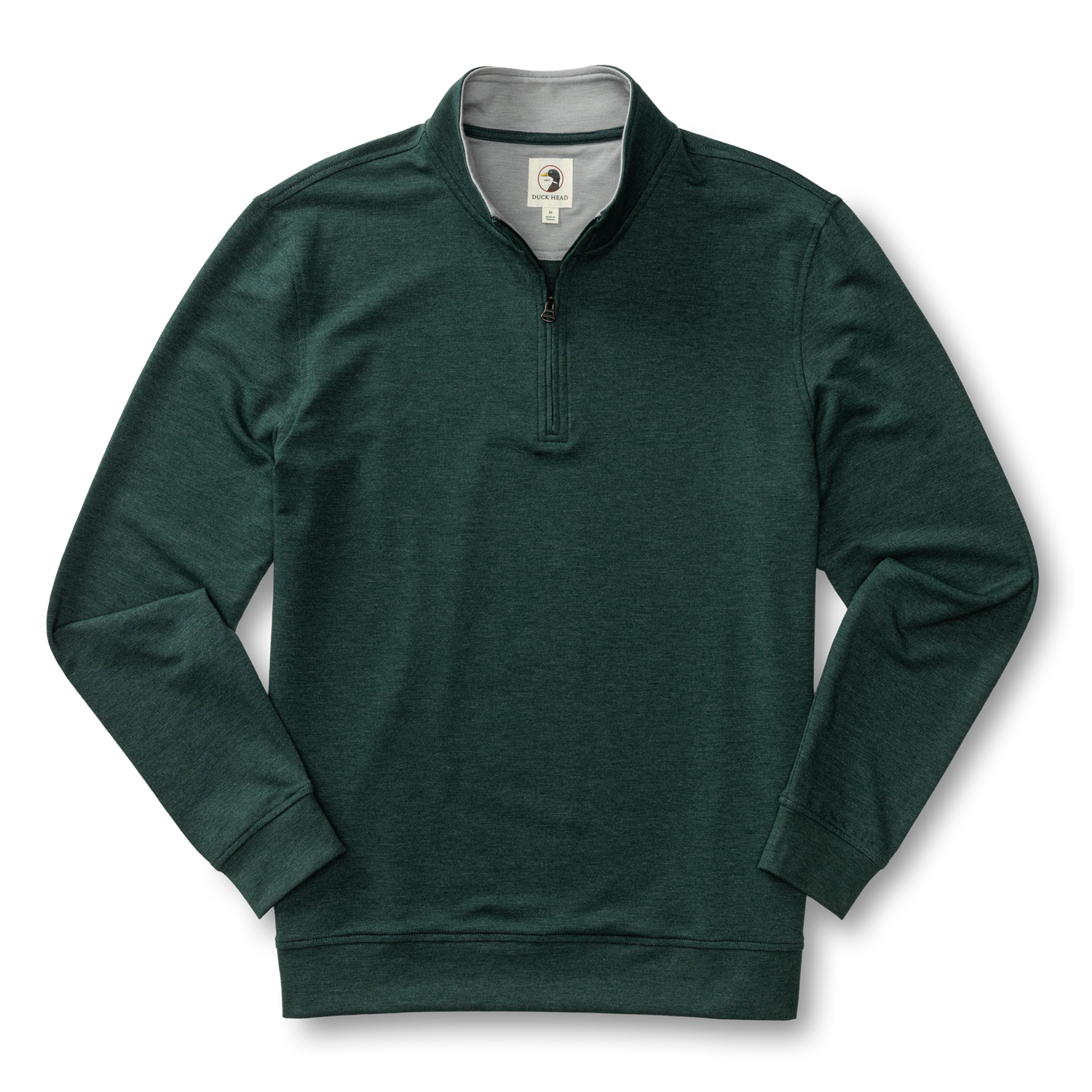 Dark green heather quarter-zip pullover with ribbed cuffs and hem, front view