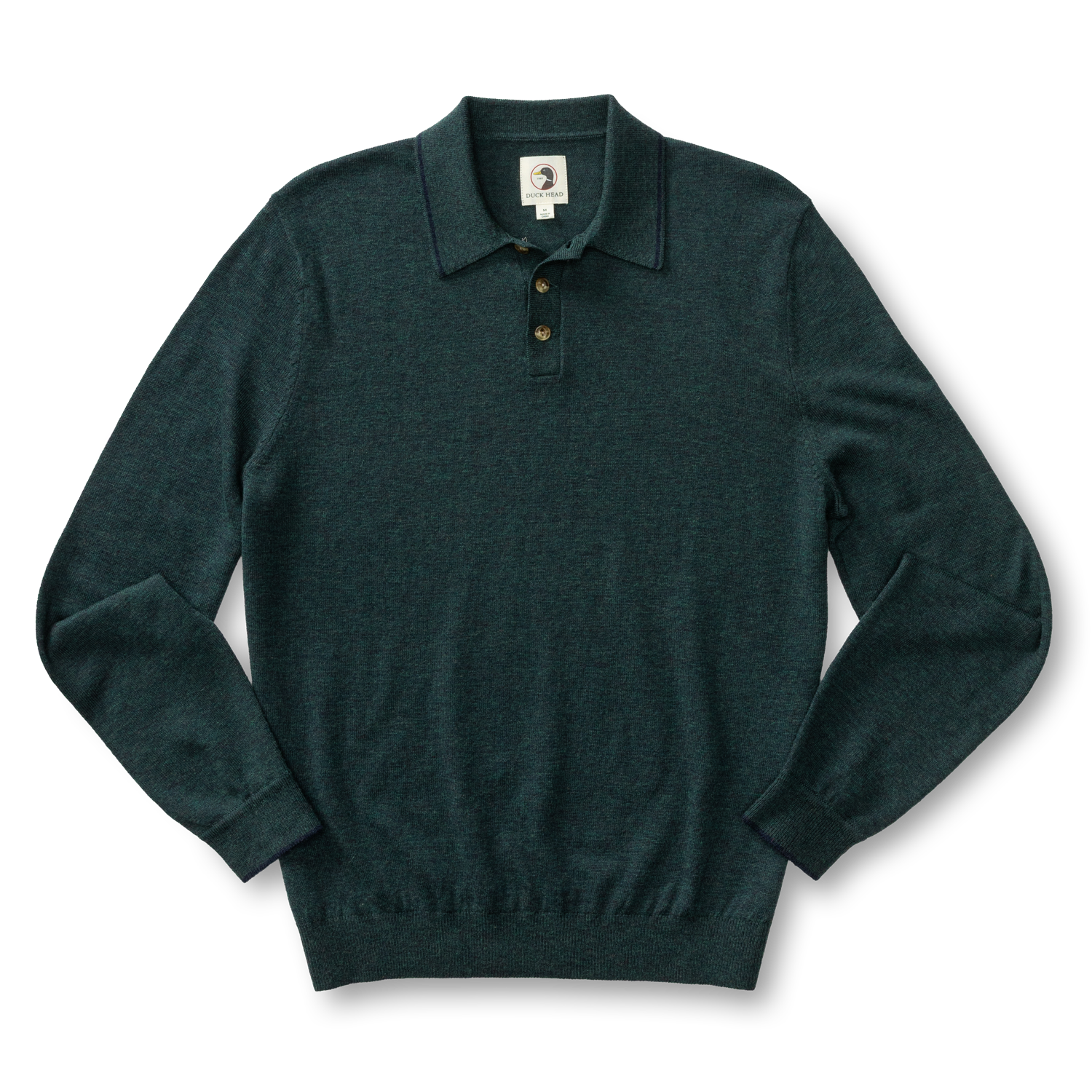Long-sleeve merino knit polo sweater in deep teal with collar and three-button placket, flat lay view