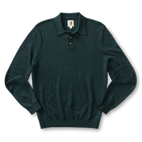 Long-sleeve merino knit polo sweater in deep teal with collar and three-button placket, flat lay view