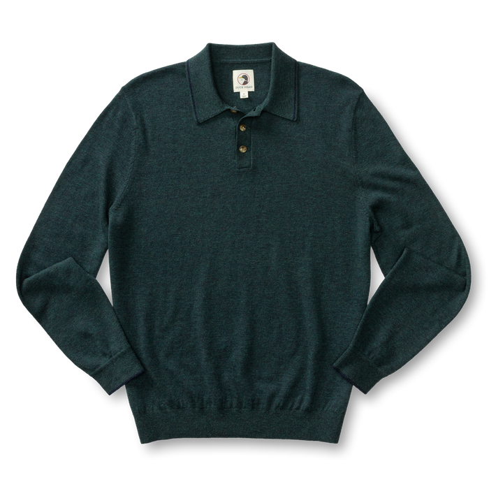 Long-sleeve merino knit polo sweater in deep teal with collar and three-button placket, flat lay view