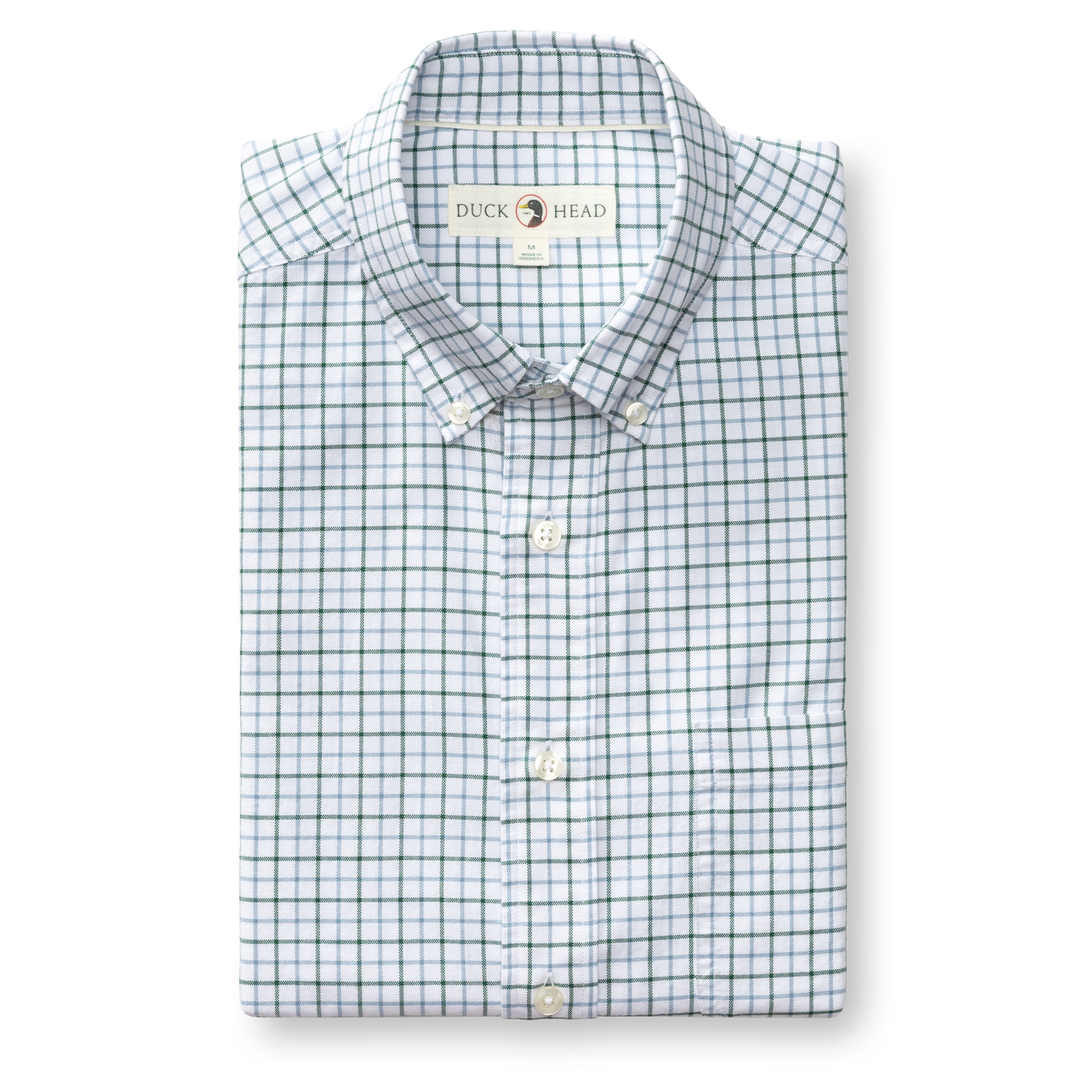 Folded long-sleeve button-down Oxford shirt with green and blue plaid check pattern, button-down collar