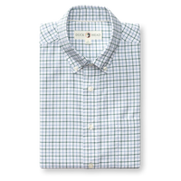Folded long-sleeve button-down Oxford shirt with green and blue plaid check pattern, button-down collar