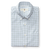 Folded long-sleeve button-down Oxford shirt with green and blue plaid check pattern, button-down collar