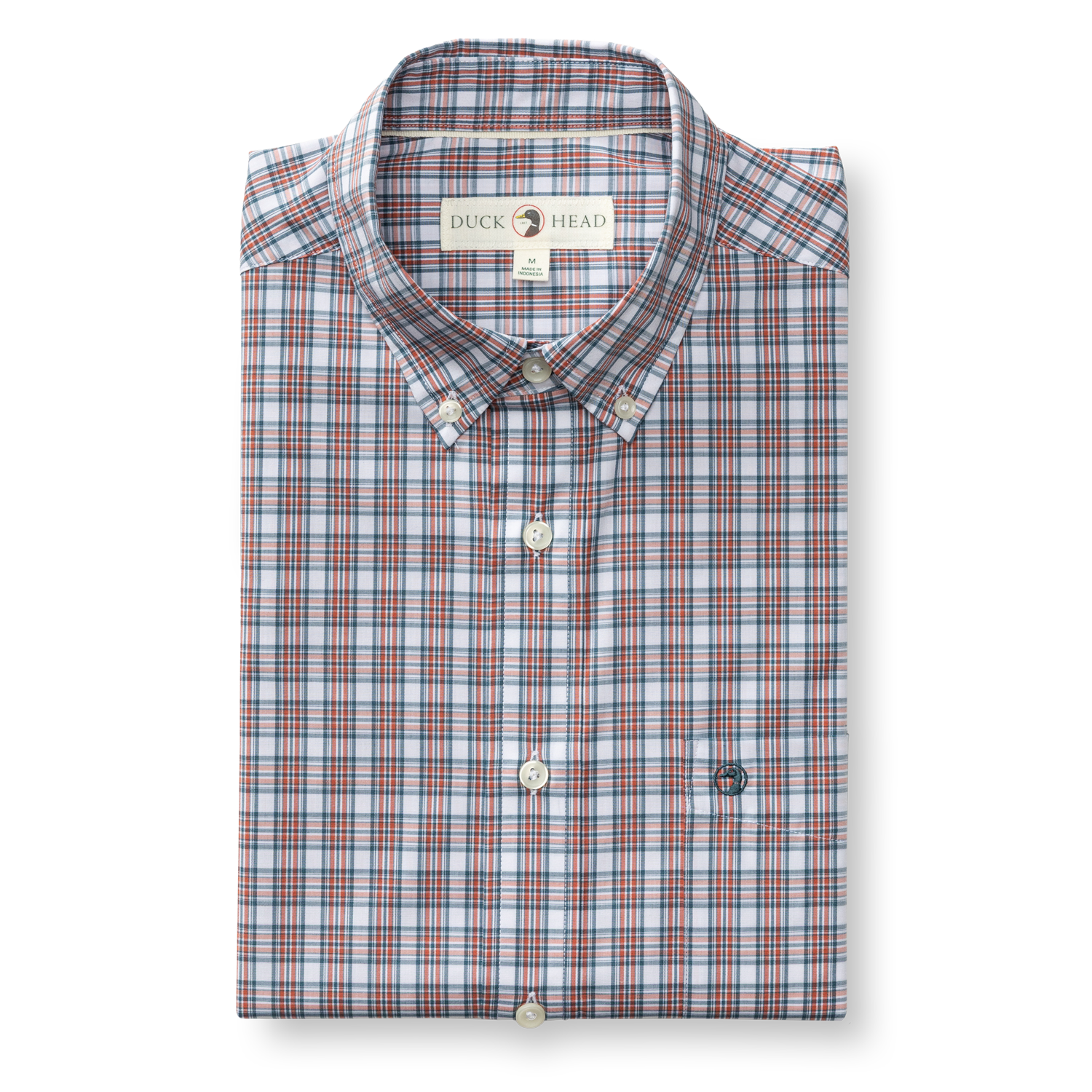 Folded long-sleeve button-down plaid shirt with button-down collar and chest pocket, front view