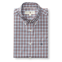 Folded long-sleeve button-down plaid shirt with button-down collar and chest pocket, front view