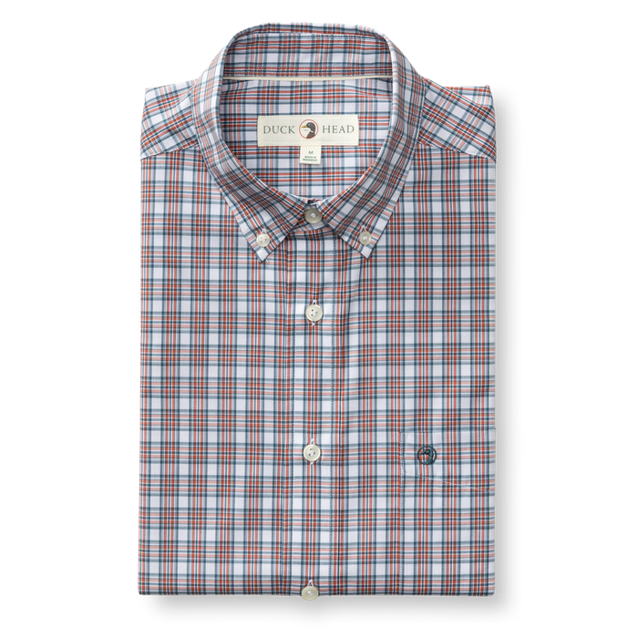 Folded long-sleeve button-down plaid shirt with button-down collar and chest pocket, front view