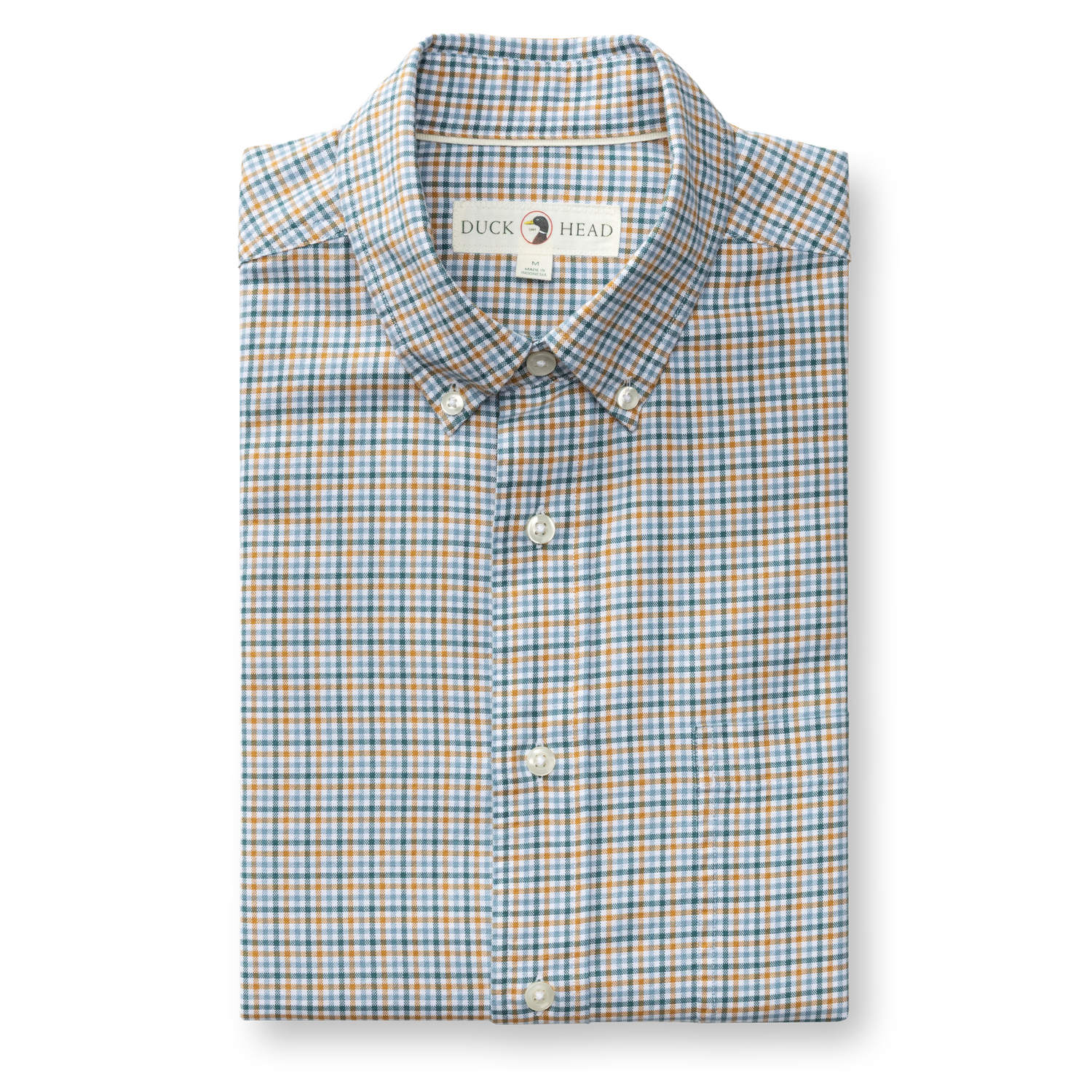 Folded long-sleeve button-down Oxford shirt in blue and amber plaid pattern with button-down collar