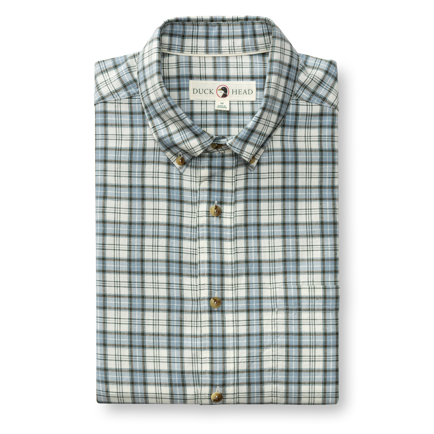 Folded men's long-sleeve button-down plaid shirt with button-down collar and chest pocket, front view