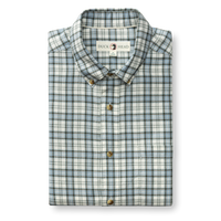 Folded men's long-sleeve button-down plaid shirt with button-down collar and chest pocket, front view