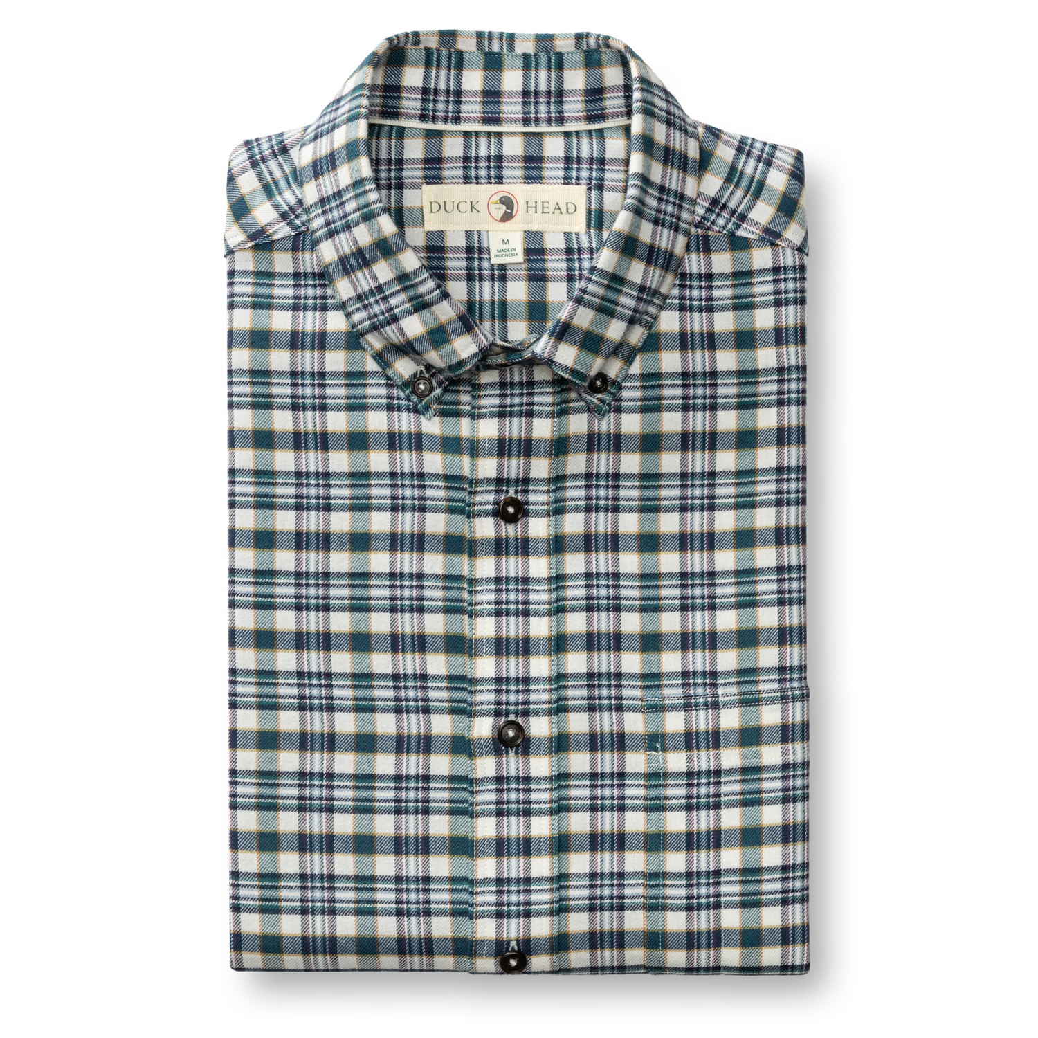 Folded plaid flannel button-down shirt with button-down collar, teal and navy checks on cream