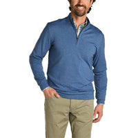 Man wearing blue heathered quarter-zip pullover with khaki pants, front view