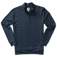 Navy blue heathered quarter-zip pullover sweatshirt with ribbed collar and cuffs, front view