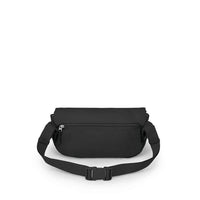 Black hip bag back view showing zippered pocket and adjustable waist strap with buckle