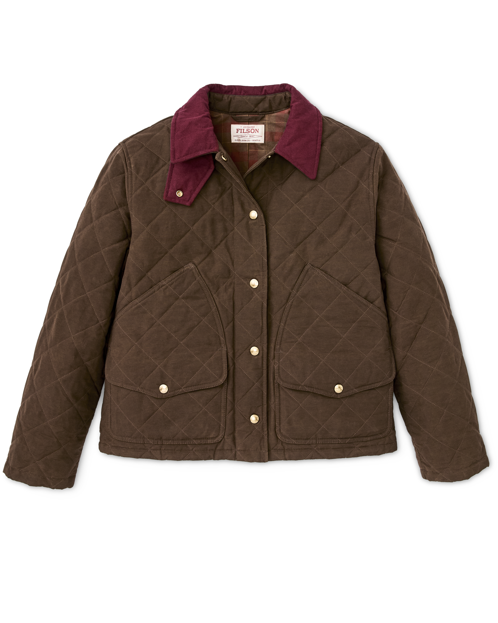 Quilted women's jacket with diamond stitching, burgundy collar, snap buttons, and front pockets