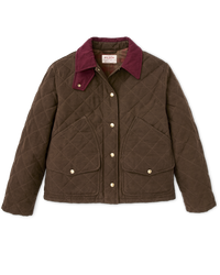Quilted women's jacket with diamond stitching, burgundy collar, snap buttons, and front pockets