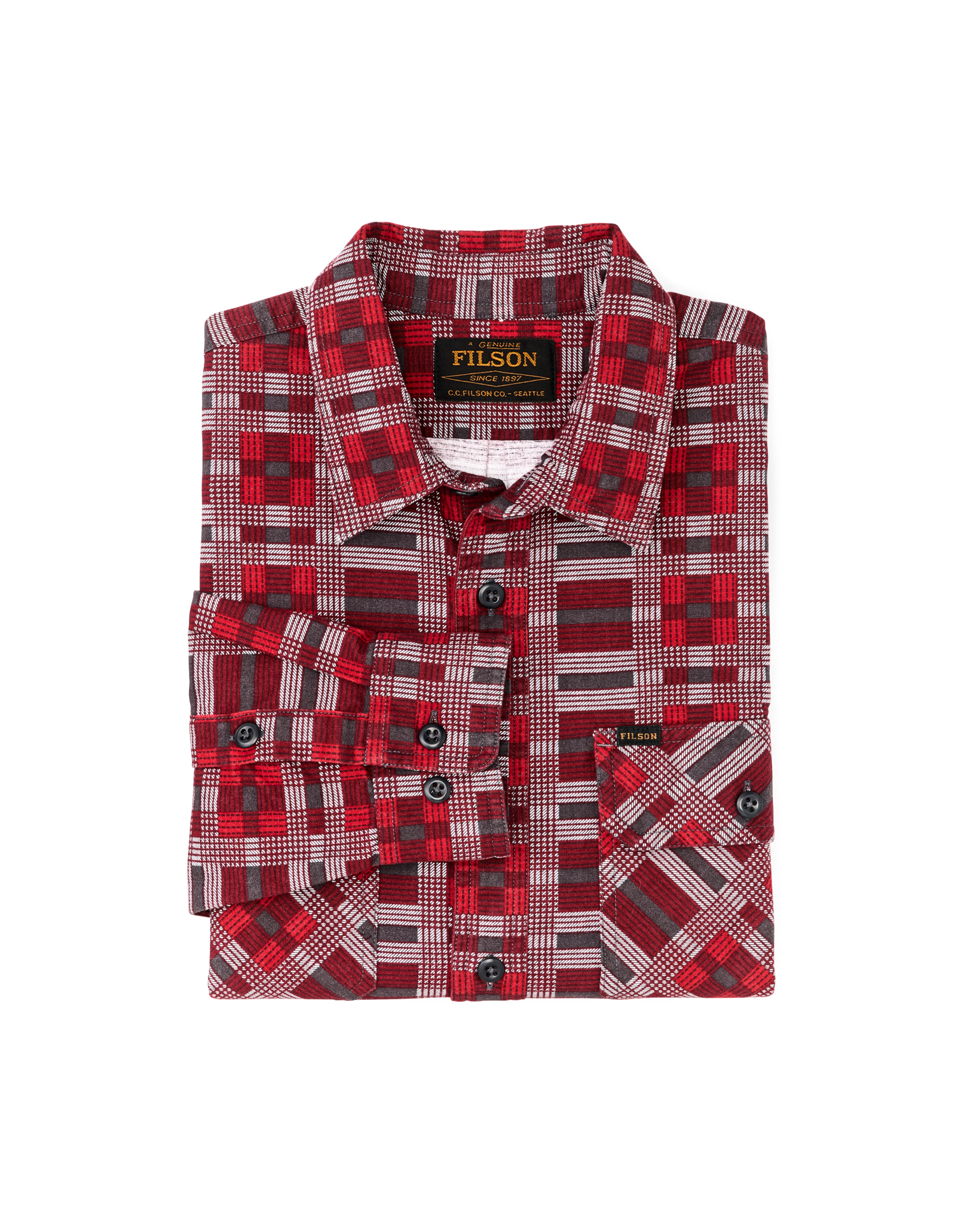 Folded men's flannel shirt in red and gray plaid with chest pocket and button front