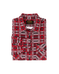 Folded men's flannel shirt in red and gray plaid with chest pocket and button front