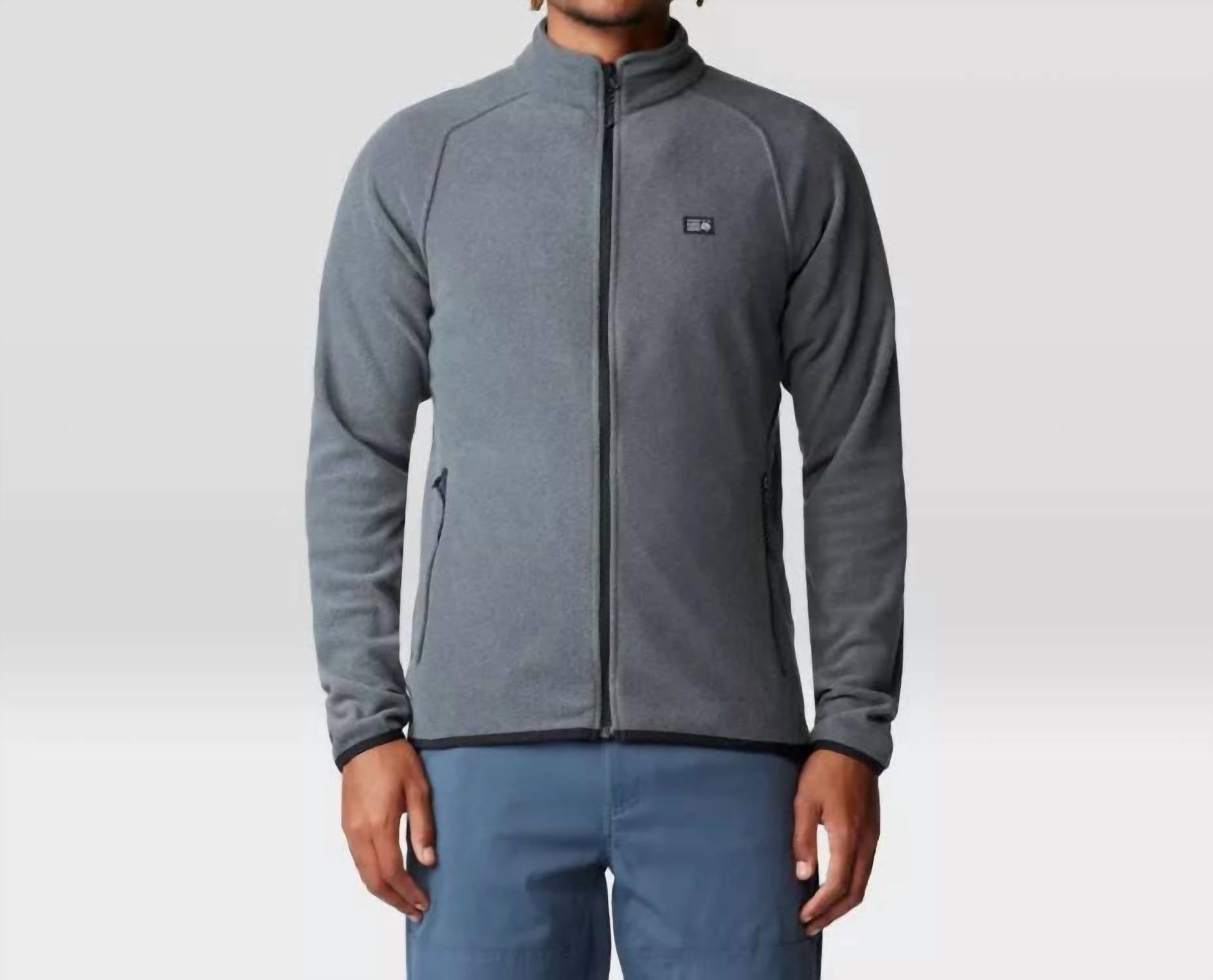 Gray heathered fleece jacket with full zip closure and stand collar, front view