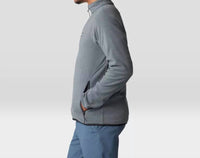 Gray heathered fleece jacket with full zip and collar, side profile view