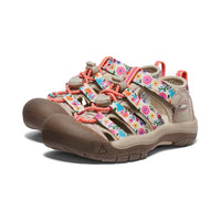 Children's closed-toe water sandals with floral patterned straps and protective toe guard