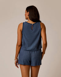 Blue chambray sleeveless romper with elastic waist and keyhole back detail, back view