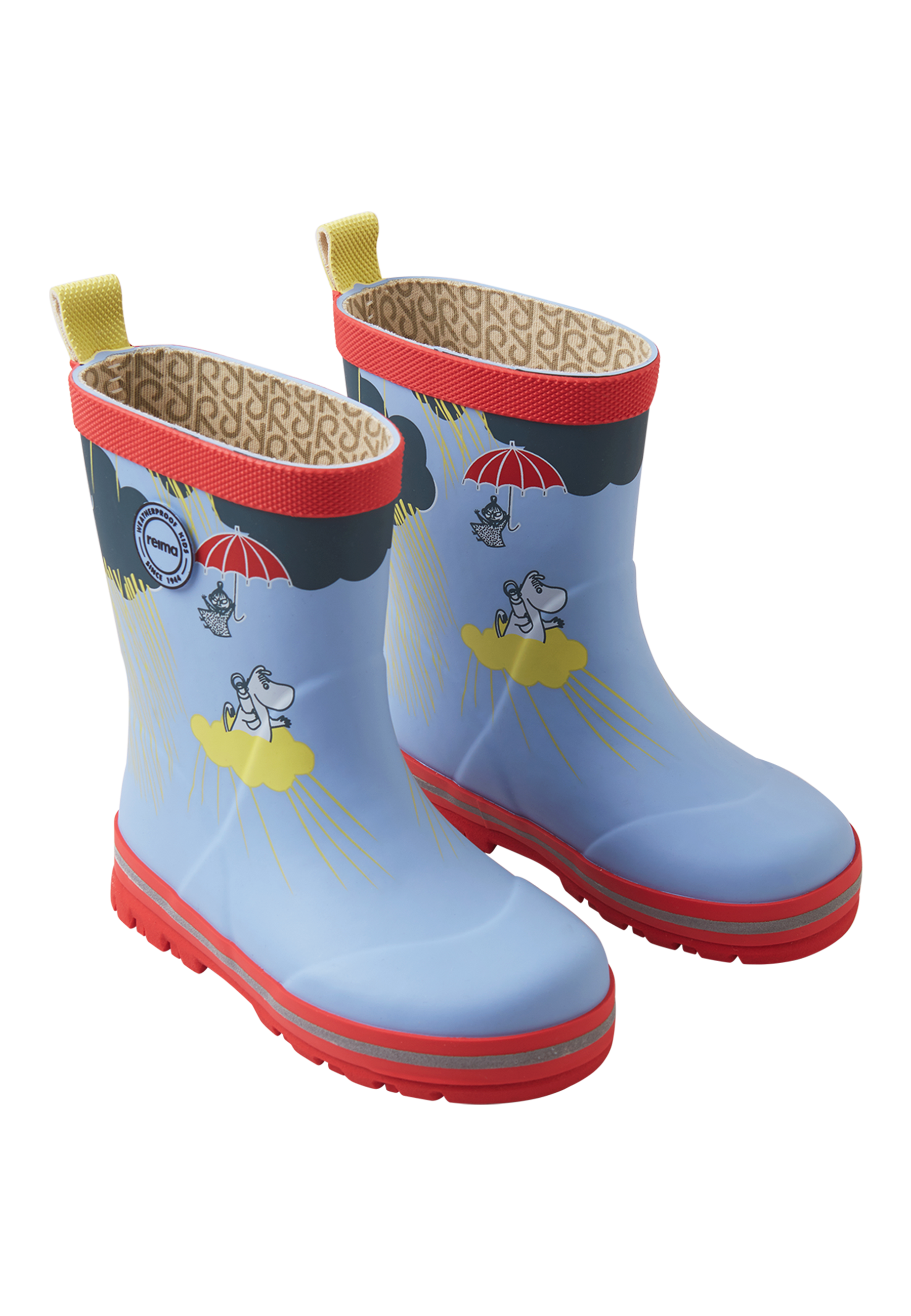 Children's light blue rain boots with character prints, red soles and yellow pull tabs