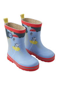 Children's light blue rain boots with character prints, red soles and yellow pull tabs