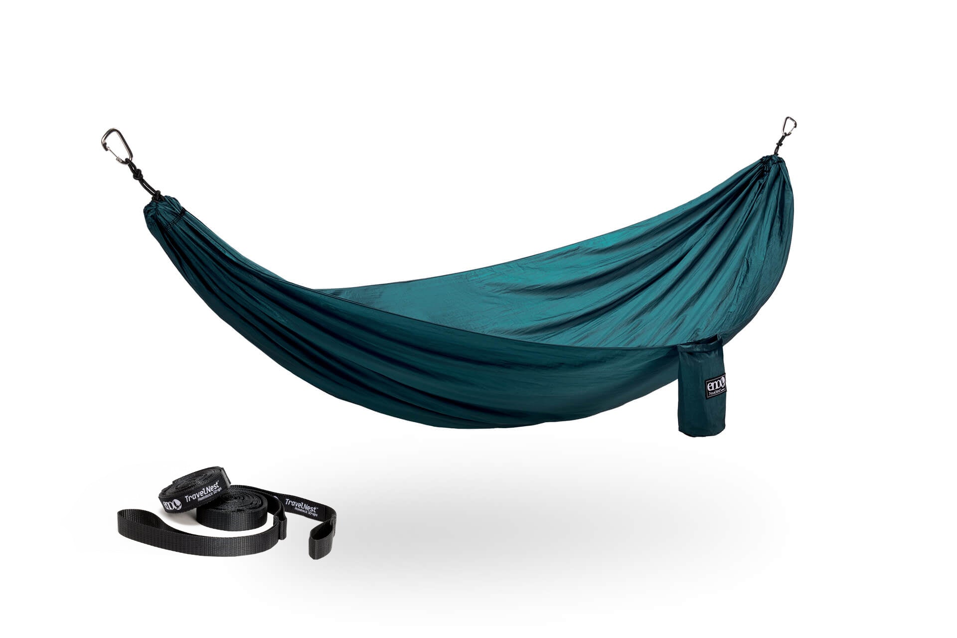 Portable camping hammock with carabiners and tree straps displayed on white background