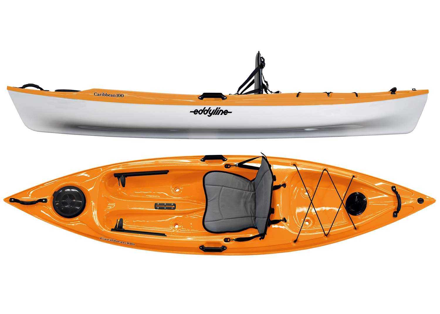 Orange sit-on-top kayak shown from side and top views with seat and storage features