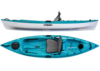 Sit-on-top kayak shown from side and top view with padded seat and storage areas