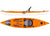 Orange and white sit-on-top kayak shown from side profile and top-down view with seat and storage