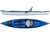 Blue and white sit-on-top kayak shown from side profile and top-down view with seat and storage