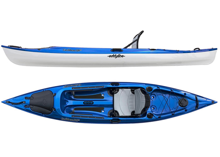 Blue and white sit-on-top kayak shown from side profile and top-down view with seat and storage