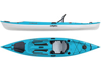 Sit-on-top kayak shown from side and top views with seat and storage compartments