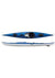 Blue touring kayak shown from top and side views with cockpit and storage compartments