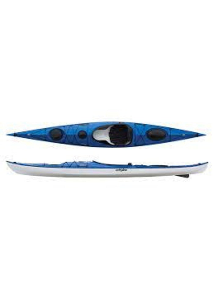 Blue touring kayak shown from top and side views with cockpit and storage compartments