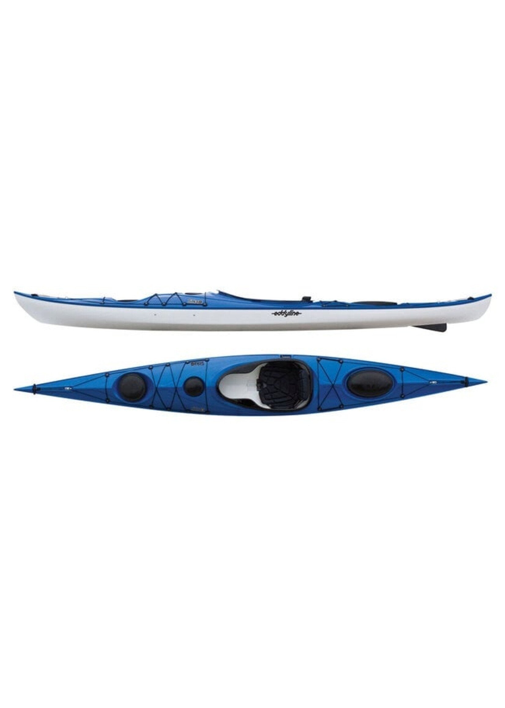 Blue touring kayak shown from side and top view with cockpit and storage compartments visible