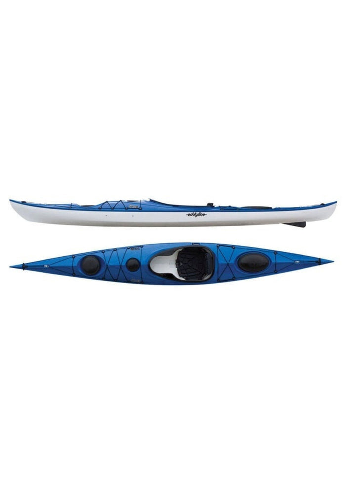 Blue touring kayak shown from side and top view with cockpit and storage compartments visible