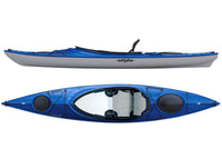 Blue and white recreational kayak shown from side and top-down views with cockpit visible