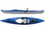 Blue and white recreational kayak shown from side and top-down views with cockpit visible