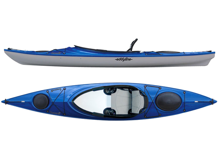 Blue and white recreational kayak shown from side and top-down views with cockpit visible