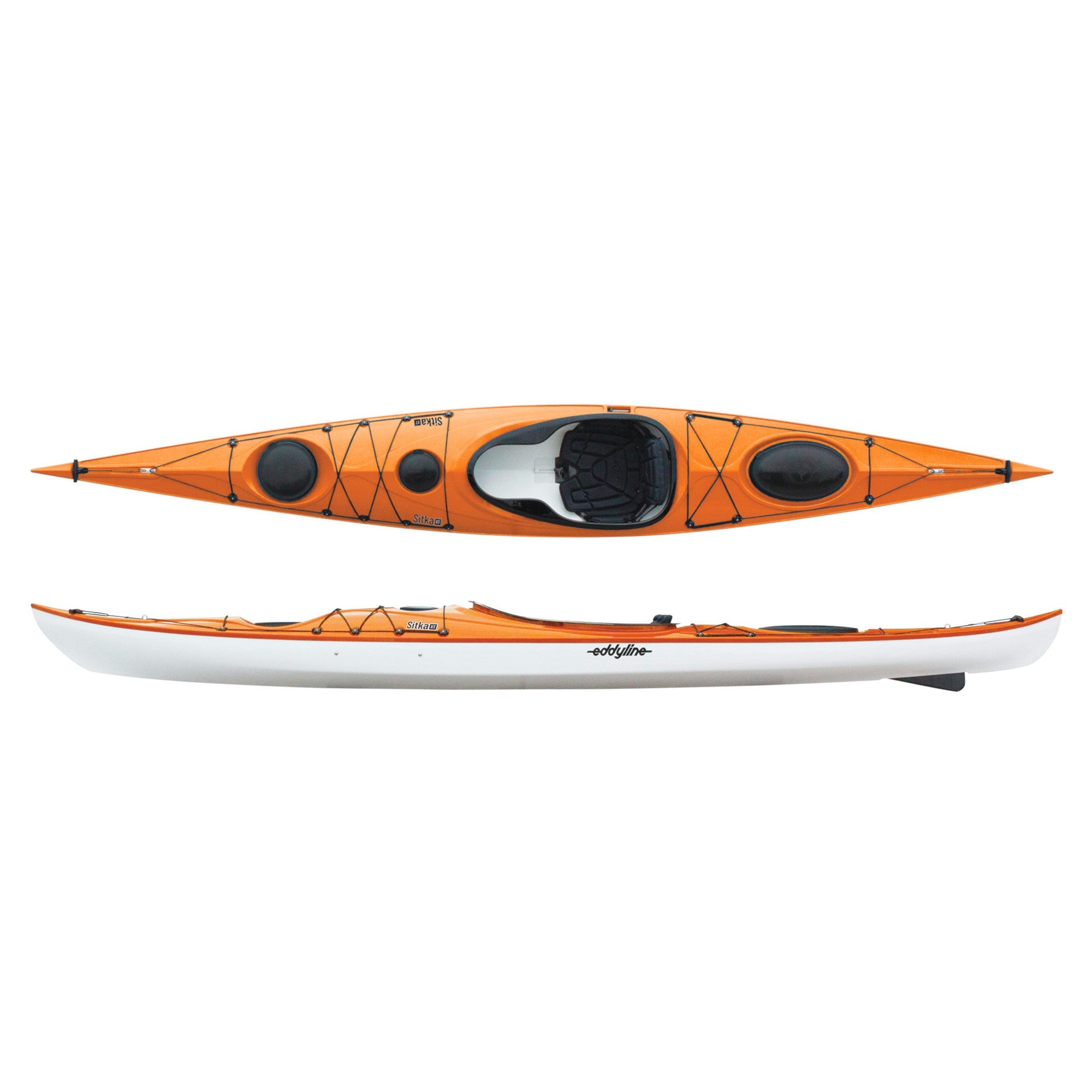 Orange touring kayak shown from top and side view with multiple storage compartments and cockpit