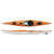 Orange touring kayak shown from top and side view with multiple storage compartments and cockpit