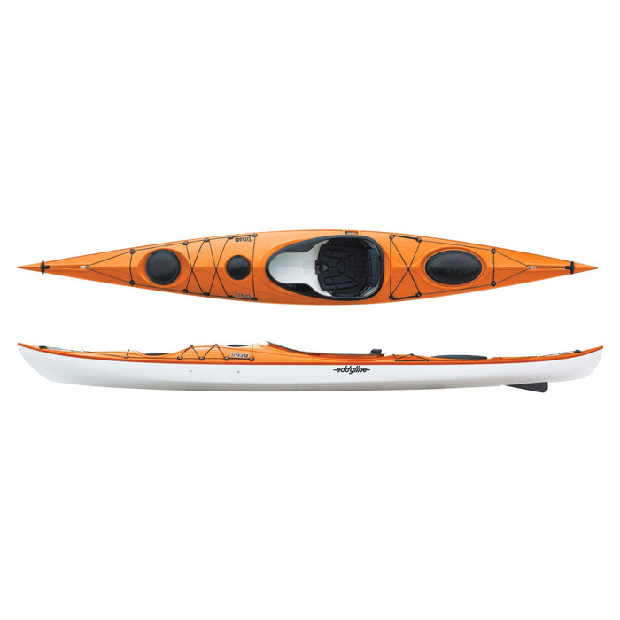 Orange touring kayak shown from top and side view with multiple storage compartments and cockpit