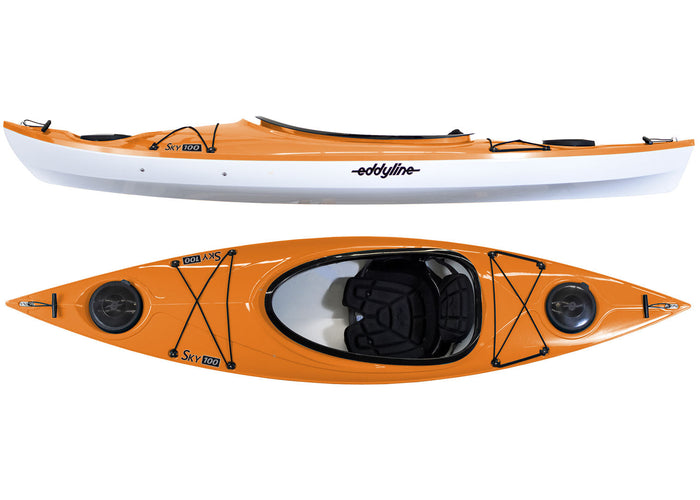 Orange and white recreational kayak shown from side and top view with black cockpit and bungee deck rigging