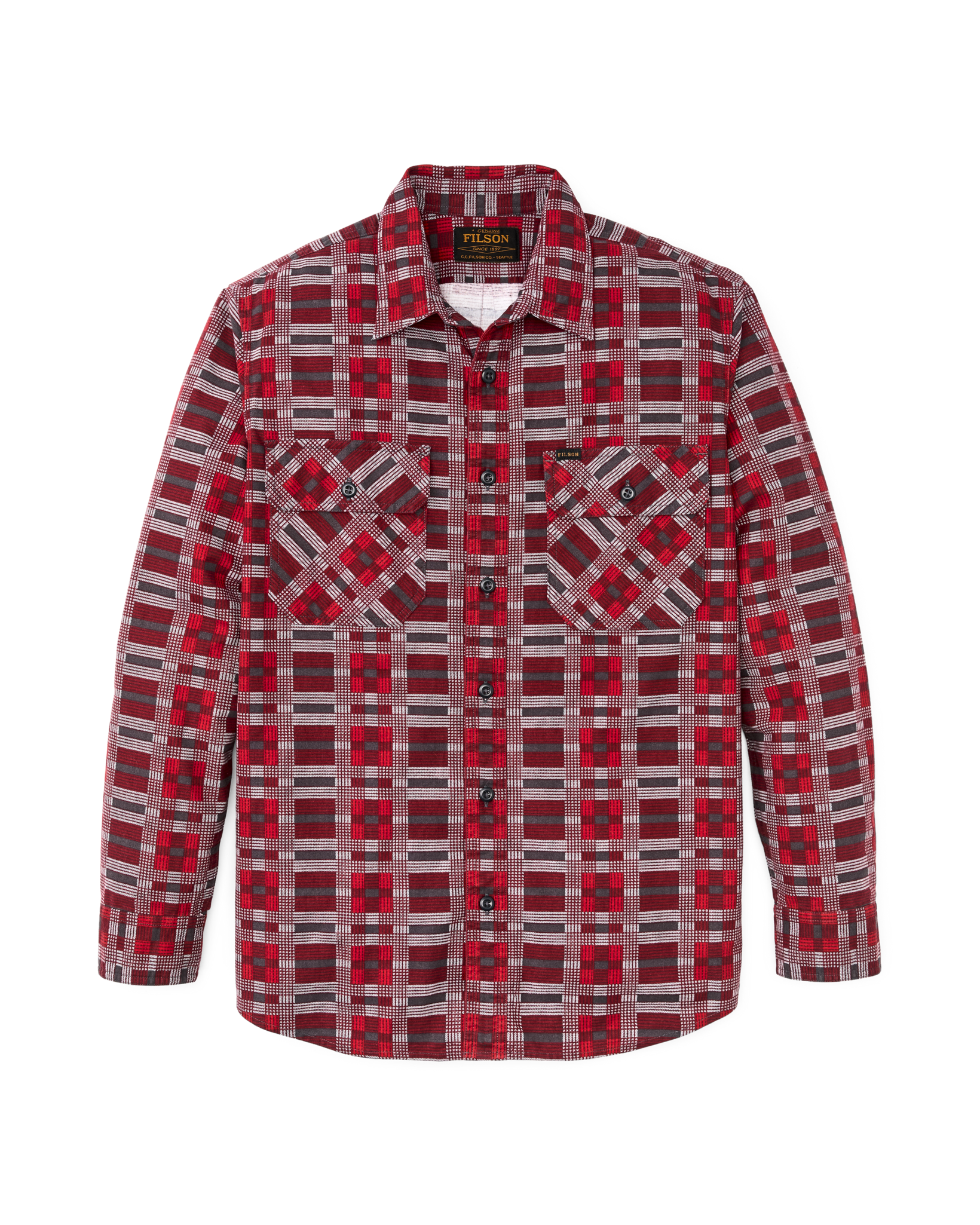 Men's long-sleeve plaid flannel shirt with two chest pockets, front view